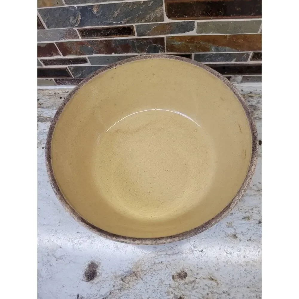 Vintage Watt Banded Bowl USA 8 Yellow Oven Ware Pottery, Beige Brown Stripes
